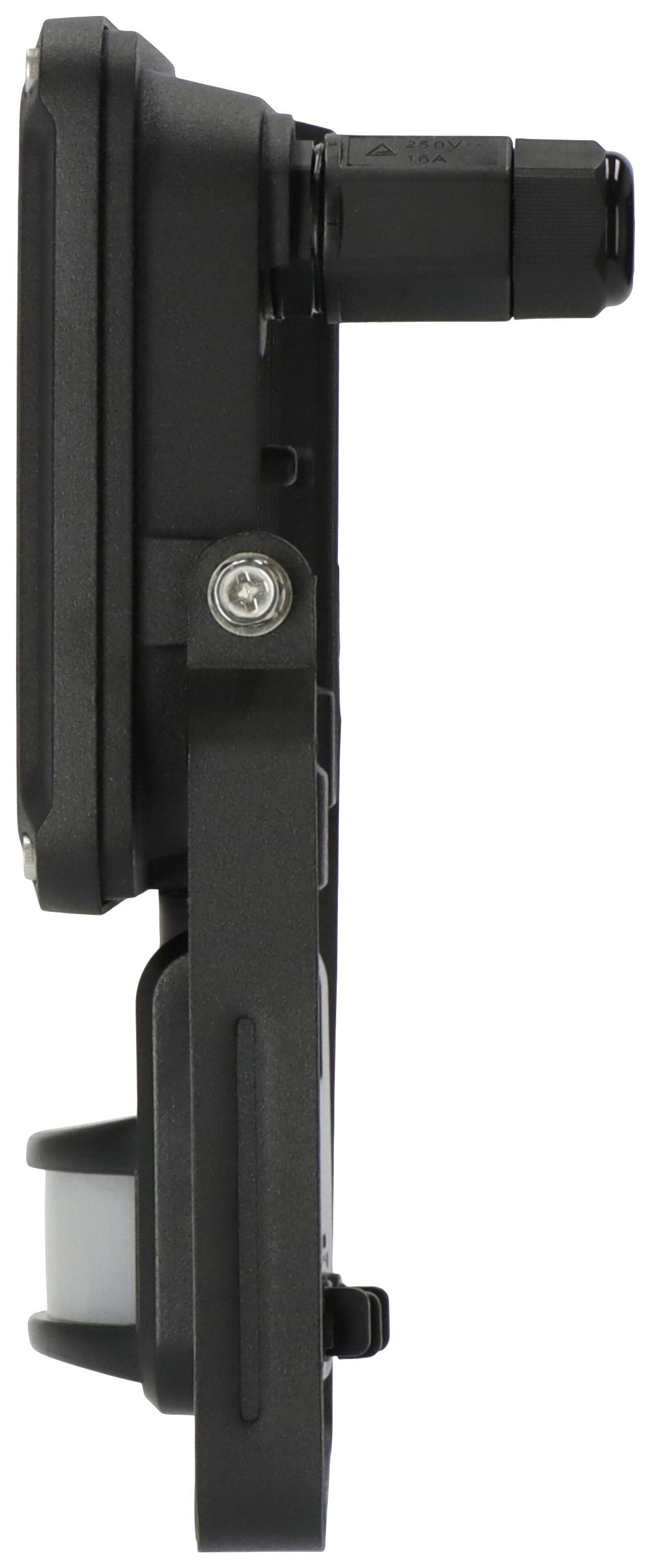 Black technical device viewed from the side, showing a sensor and connections, likely for industrial or electronic applications.