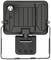 A black LED floodlight with an adjustable mount, suitable for outdoor lighting. Rear view shows connection and mounting bracket.