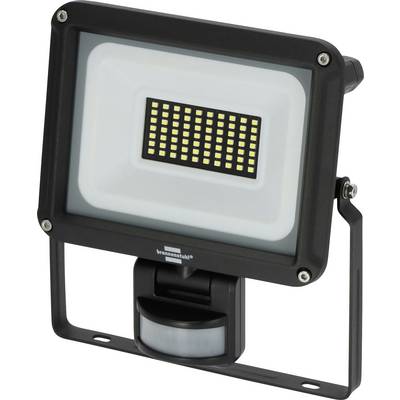 Black LED floodlight with motion sensor on a mounting bracket, shown front-facing against a white background.