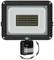 Black LED floodlight with motion sensor and yellow LED grid on white background. Sensor is mounted on a pivoting bracket.