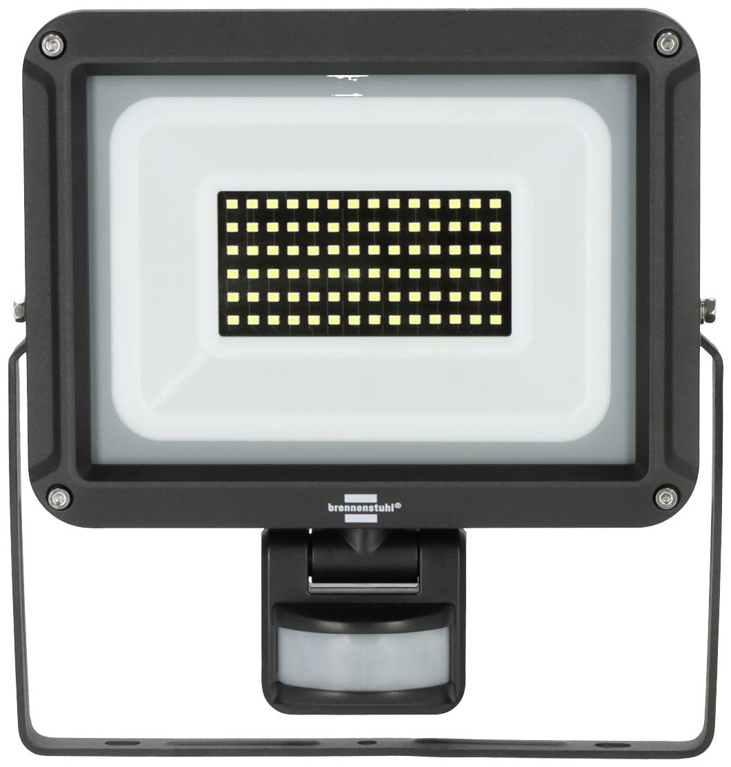 A LED floodlight with numerous small, illuminating LEDs across a rectangular surface. A motion sensor is located at the bottom.
