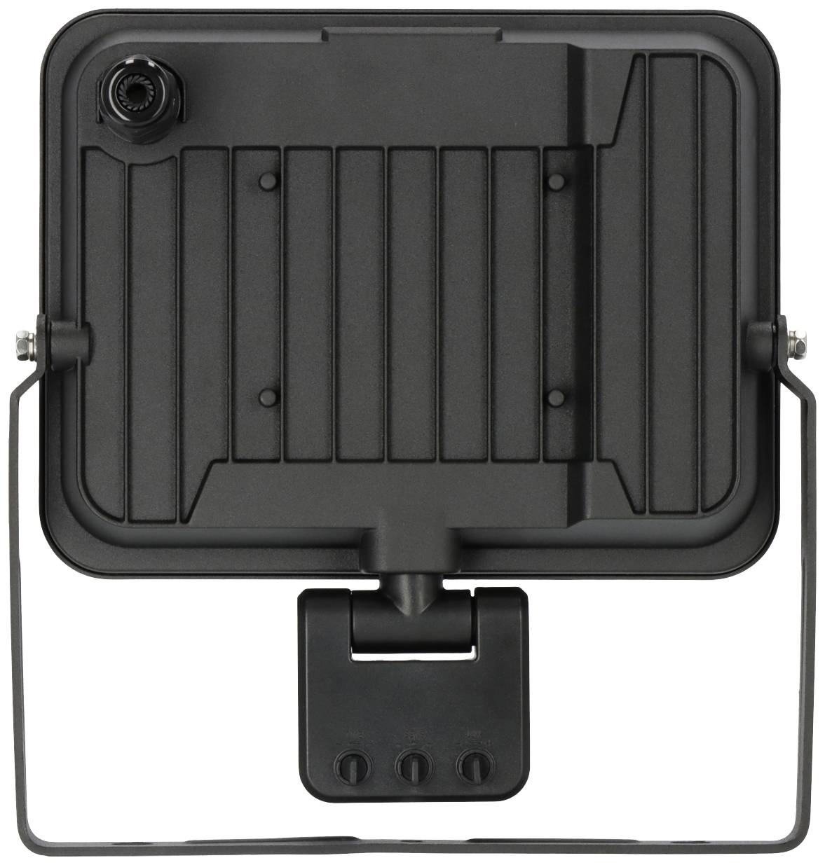 A black, rectangular LED floodlight with an adjustable mounting bracket, shown from the rear. Perfect for outdoor lighting.