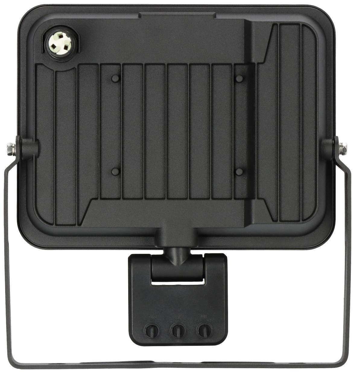 Black and white square spotlight with a ridged surface and mounting bracket, for wall installation.