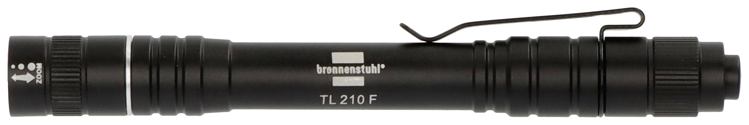 Black torch with clip, marked on the side with 'brunnenstahl TL 210 F'. It has a simple, cylindrical design.