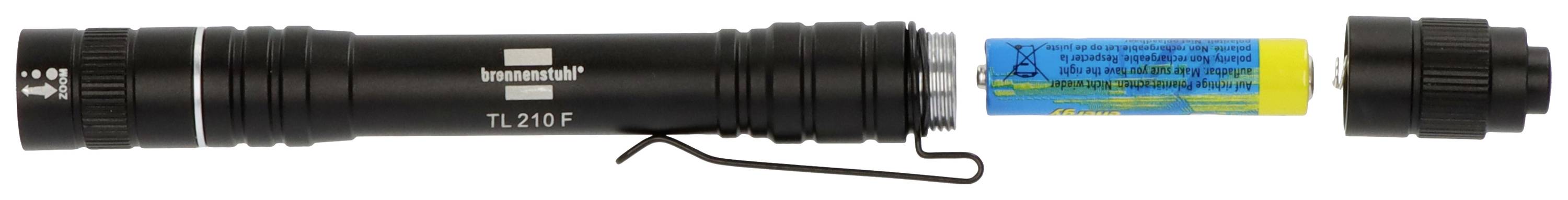 Black torch with an open battery compartment, in which a battery with a blue casing and yellow accents is visible.