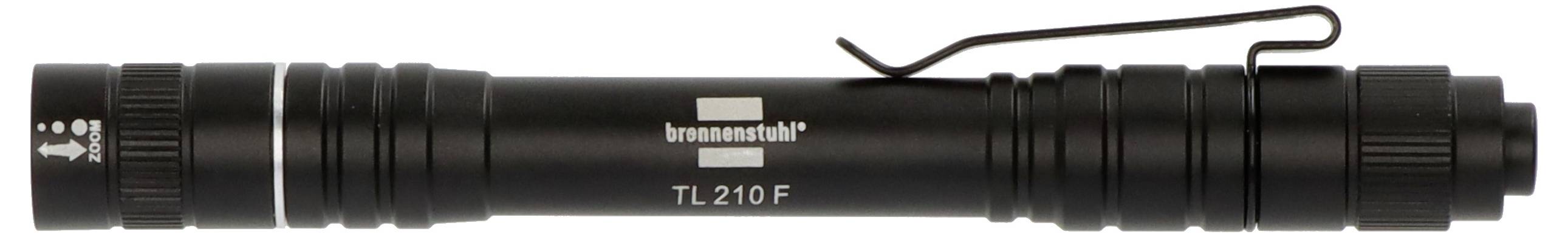 Black cylindrical Brennenstuhl TL 210 F flashlight with wrist strap and end cap visible.