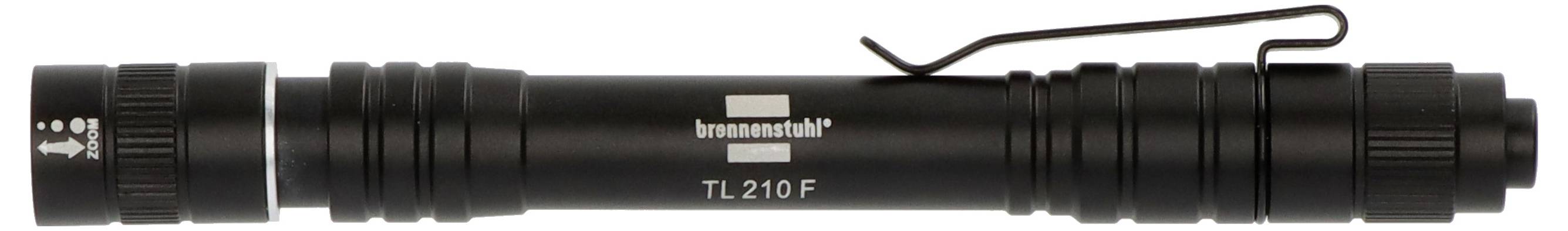 Black tactical flashlight with lanyard, labeled 'brennenstuhl TL 210 F', shown on a white background.