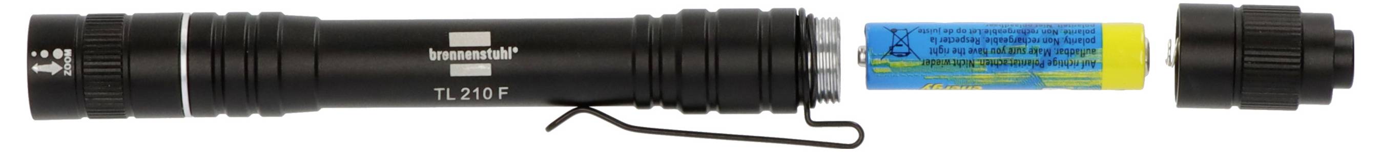 Black handheld flashlight shown with a blue-and-yellow battery beside it, both displayed on a white background.