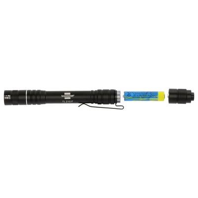 Black handheld flashlight shown with a blue-and-yellow battery beside it, both displayed on a white background.
