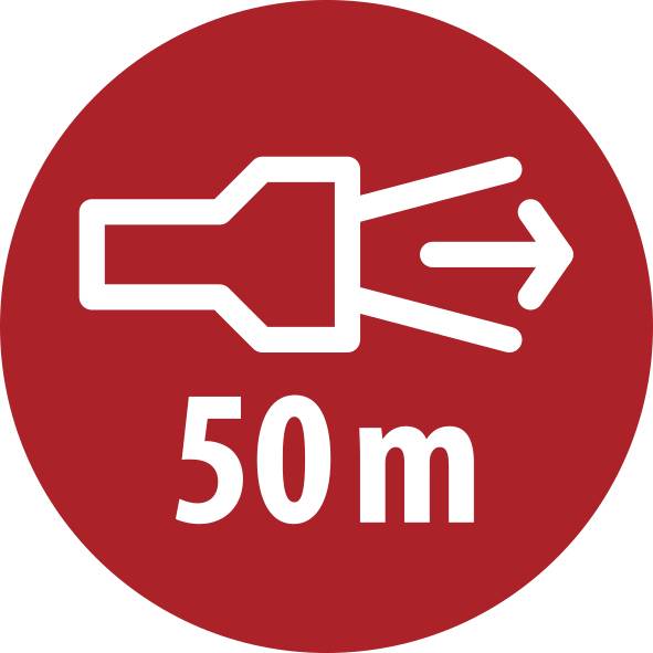Red circular sign showing a white plug with an arrow pointing right and the text '50 m', indicating an electric charging point 50 meters ahead.