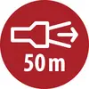 Red circular sign showing a white plug with an arrow pointing right and the text '50 m', indicating an electric charging point 50 meters ahead.