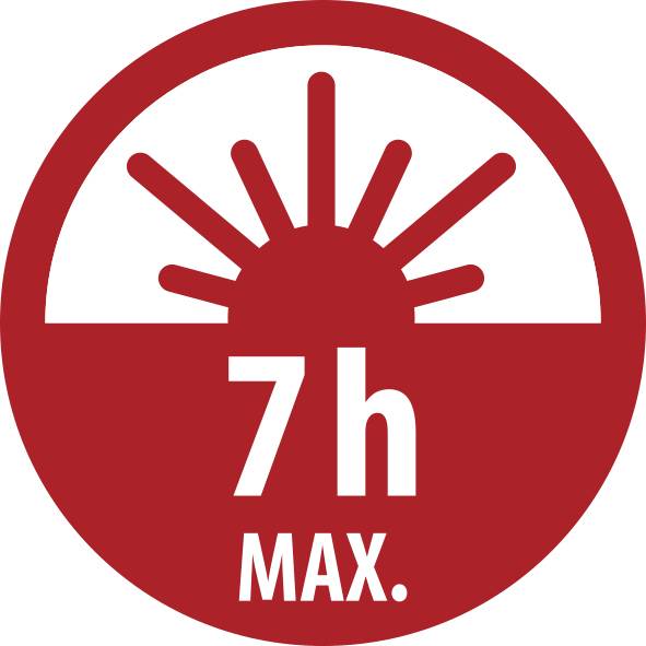 Red circular warning sign with a rising sun icon and the text '7h MAX.', indicating a maximum 7-hour limit, likely for daylight use or exposure.