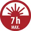 Red circular warning sign with a rising sun icon and the text '7h MAX.', indicating a maximum 7-hour limit, likely for daylight use or exposure.