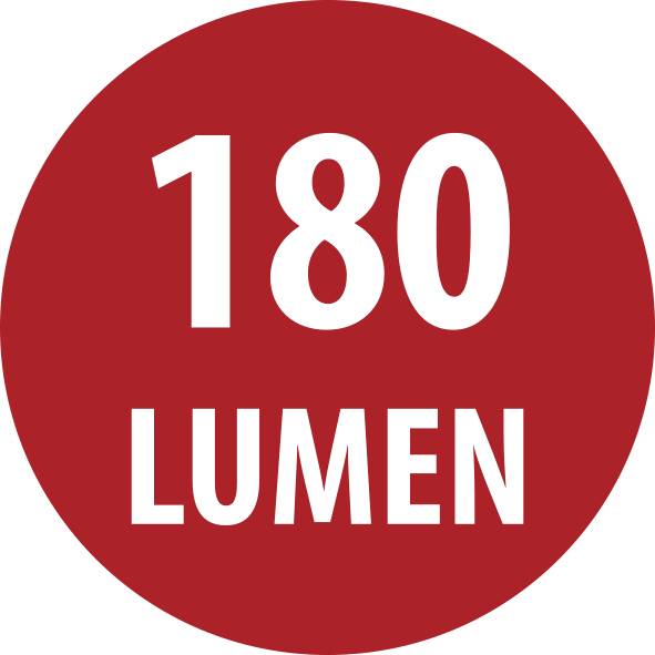 Red circular label showing '180 LUMEN' in white text.