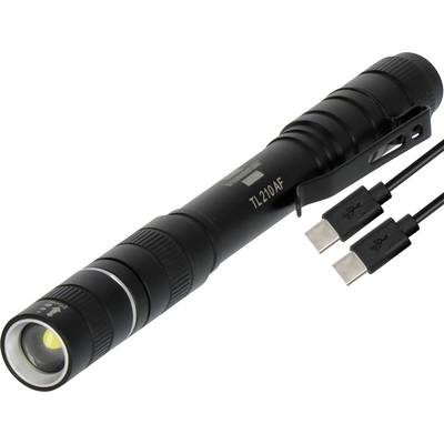 Black rechargeable flashlight with USB cable attached, shown on a white background.