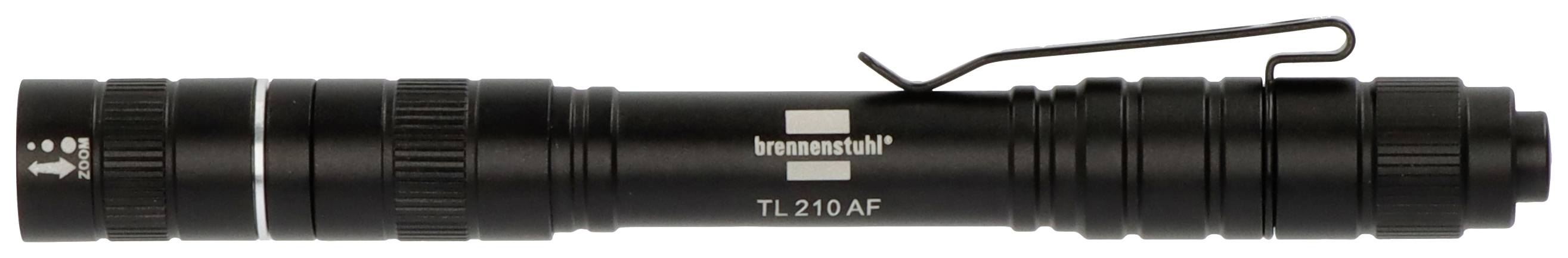 Black torch 'Brennenstuhl TL 210 AF' with clip and logo.
