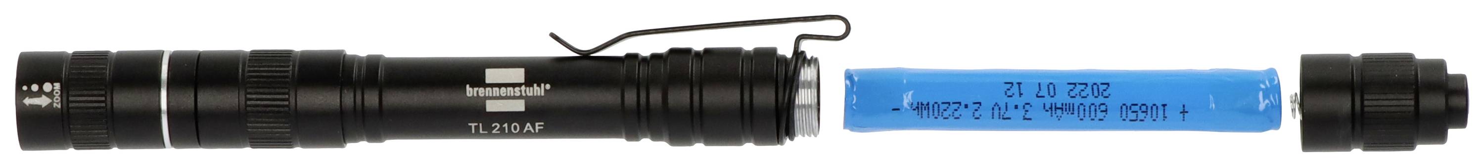 A black torch with an open battery compartment, containing a blue battery.