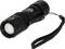 Black handheld flashlight with wrist strap on a white background.