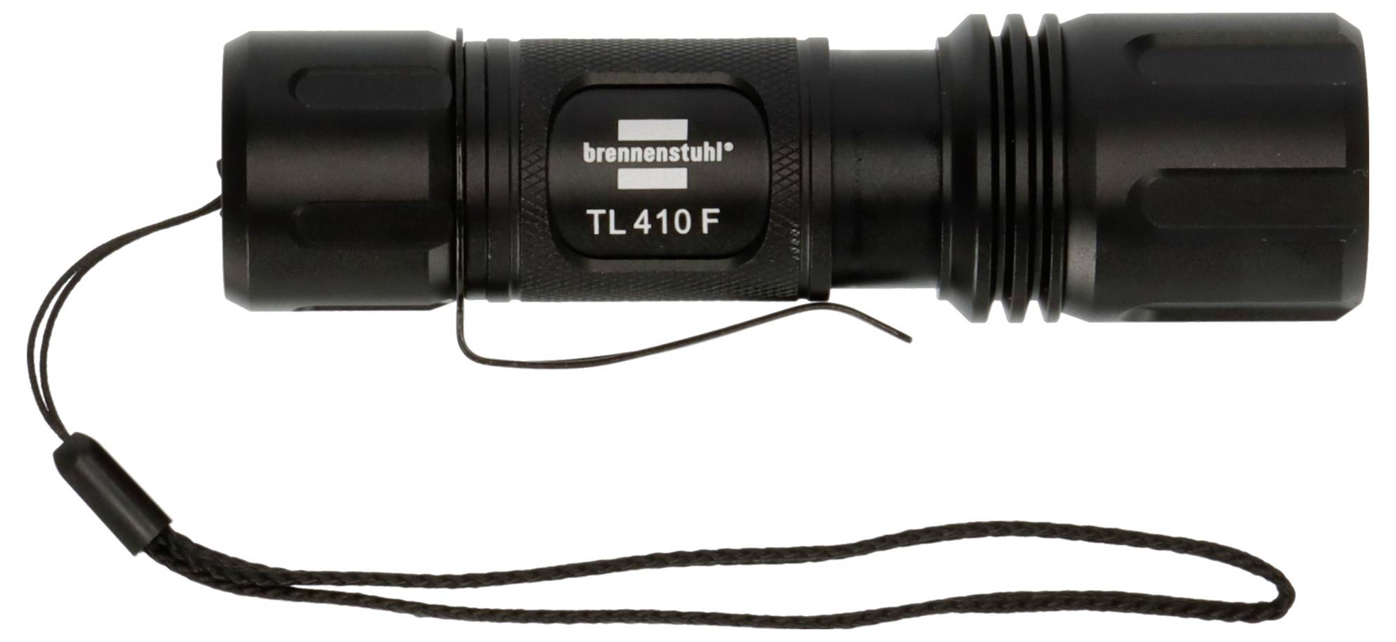 Black Brennenstuhl TL 410 F flashlight with wrist strap, shown on a white background.