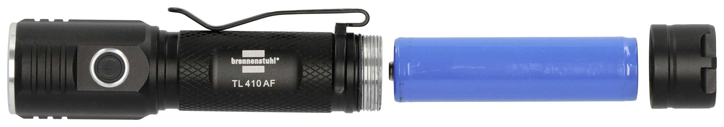 Torch with removed battery cover and blue battery taken out, showing construction and components.