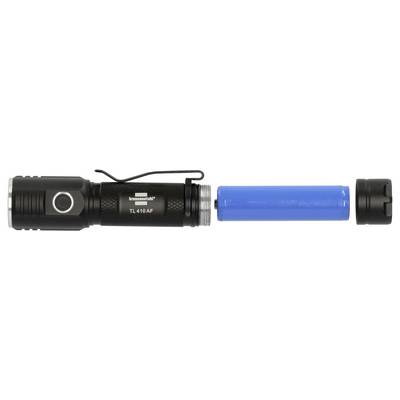 Black flashlight with a loop strap beside a blue cylindrical battery and detached end cap, showing the power source removed.