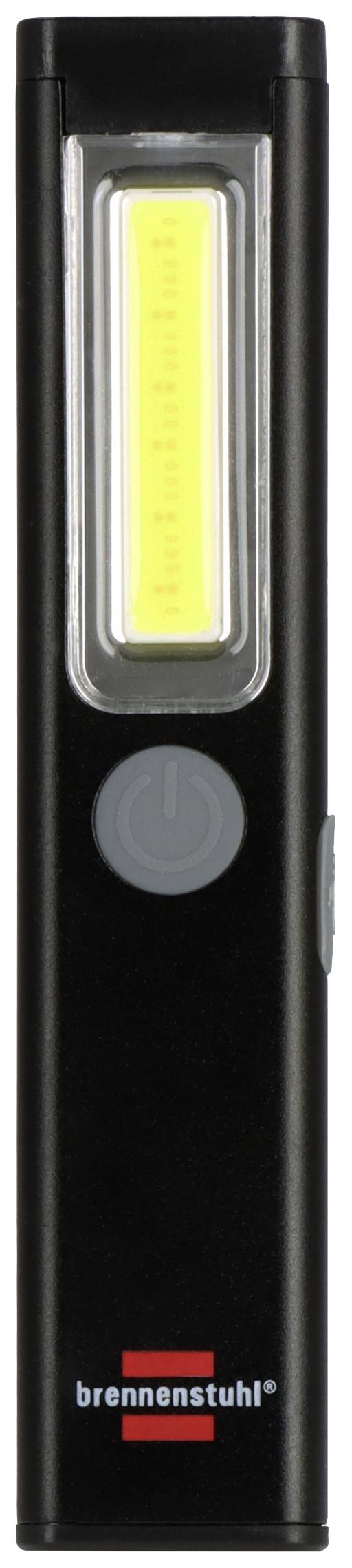 Black torch by Brennenstuhl with a central grey button and yellow LED light. Perfect for portable illumination.