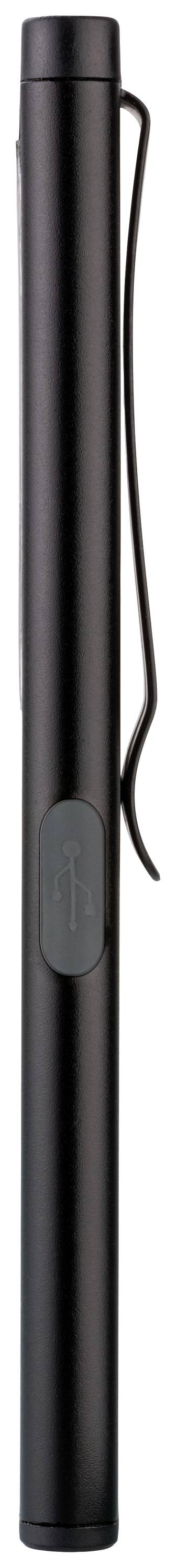 A black ballpoint pen with a clip on the side, standing vertically, against a white background.