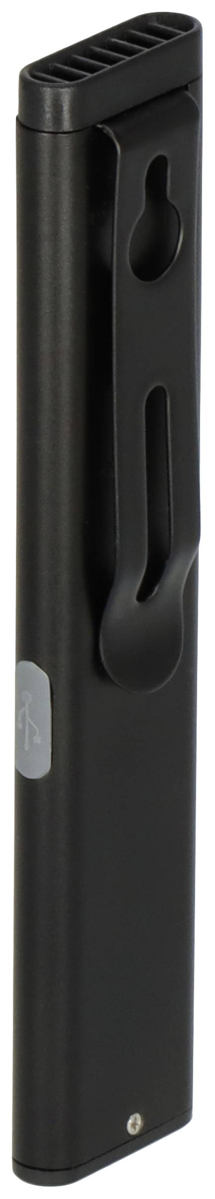 A black rectangular device with a clip, probably a portable electronic gadget, viewed from a side perspective.