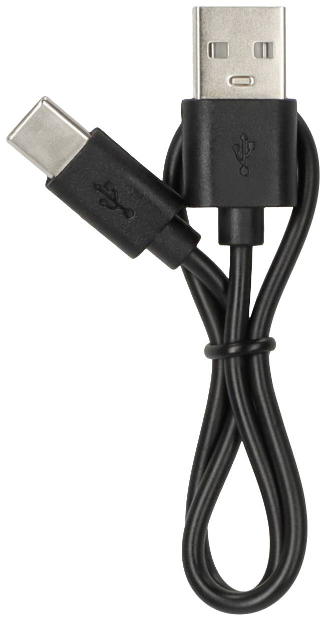 USB cable with Type-A and Type-C connectors, black, approximately 20 cm long.