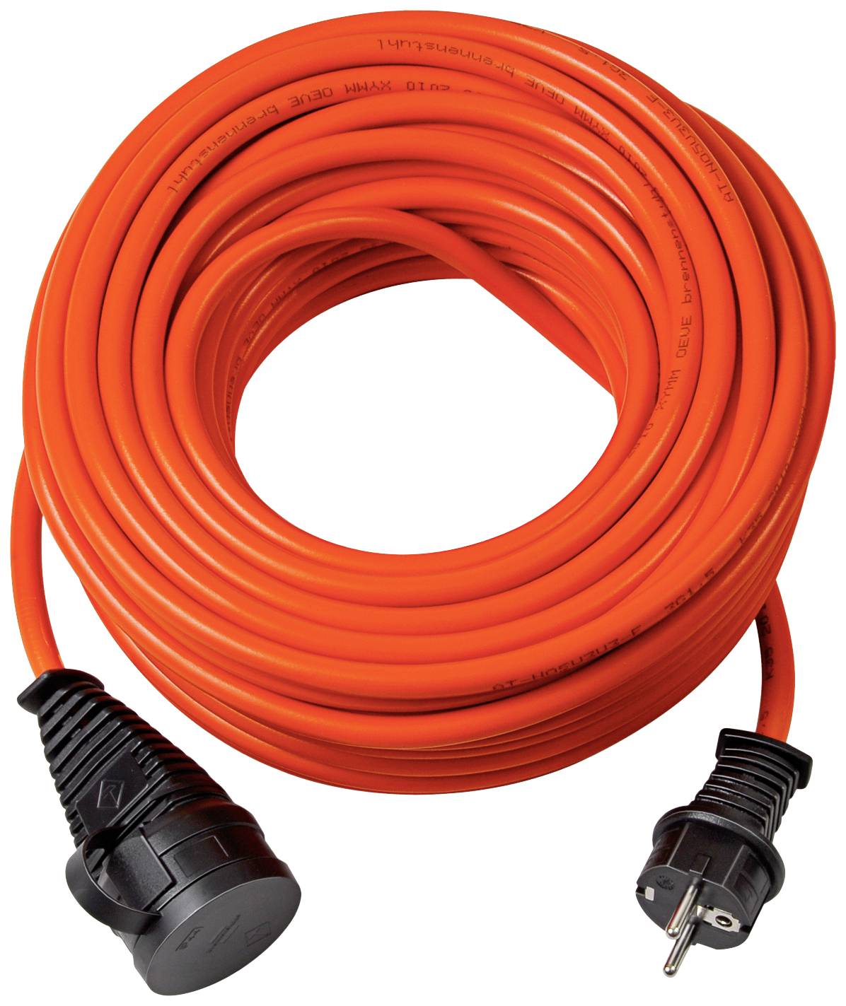 Orange extension lead coiled, with Schuko plug and socket, suitable for outdoor use.