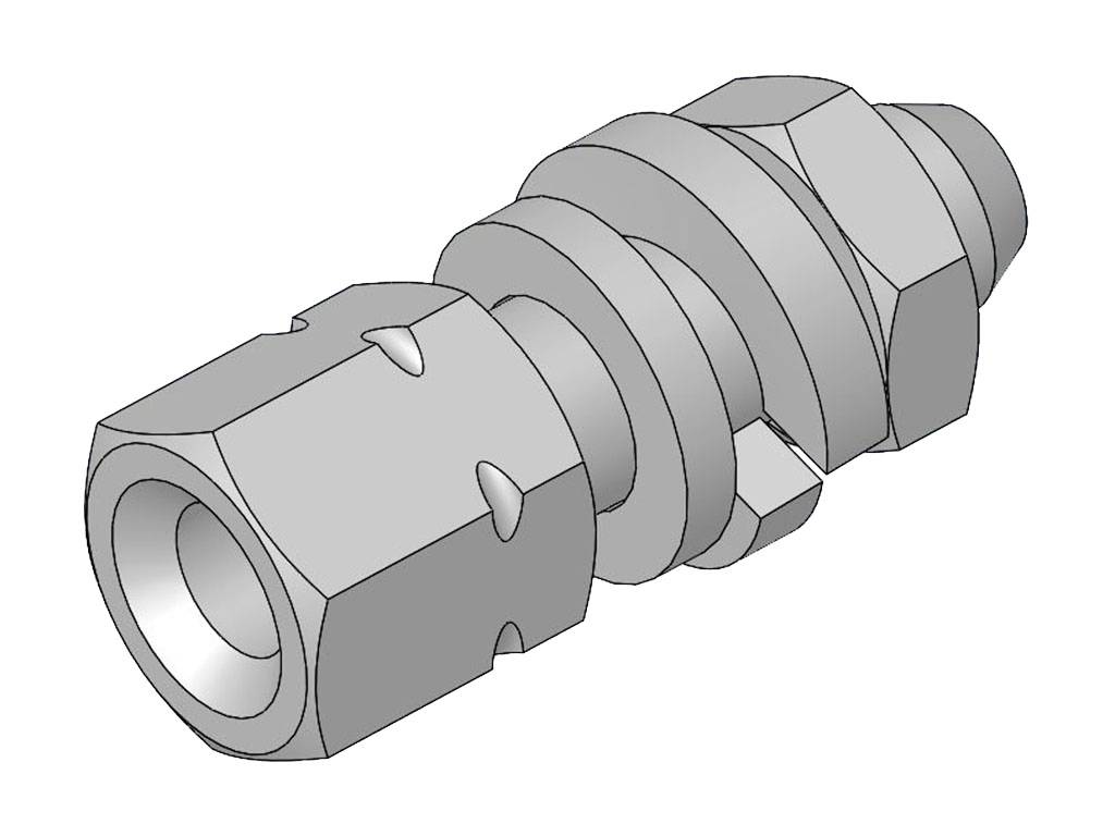 Technical drawing of a hexagonal connector piece with multiple threads that could lead to a flexible pipe.
