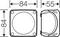 Technical drawing of a square object with rounded corners. Dimensions: 84 mm width and height, 55 mm depth. Side view shows form.