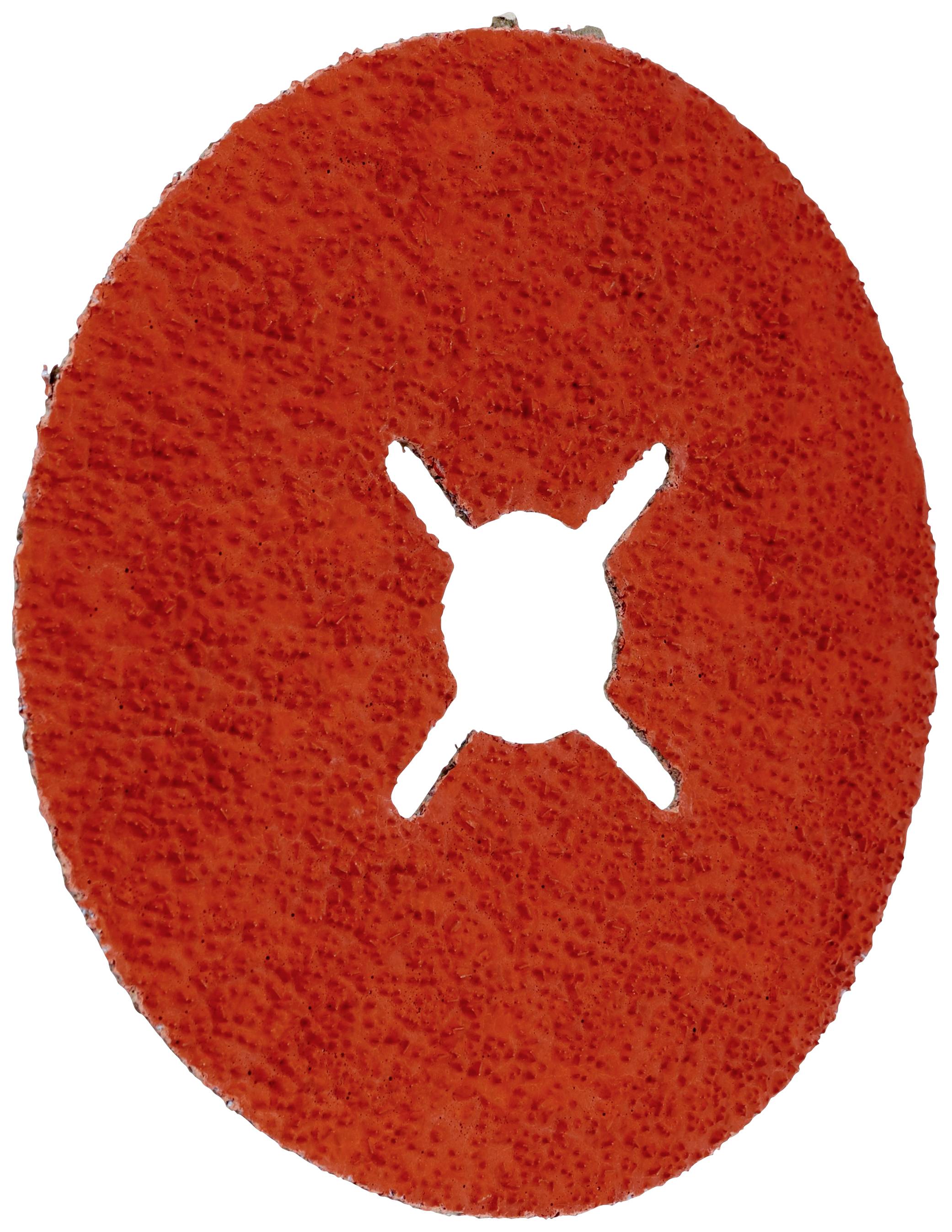 A red grinding attachment with a circular design and a cross-shaped slot in the centre, used for grinding work.