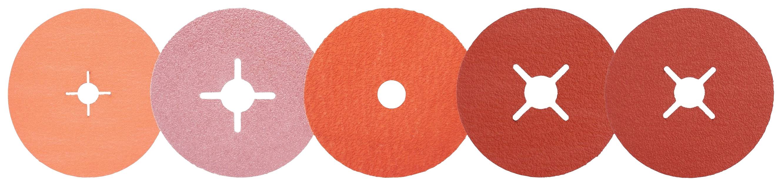 Five coloured grinding discs in red and pink shades, each with a unique cut-out in the centre, on a white background.