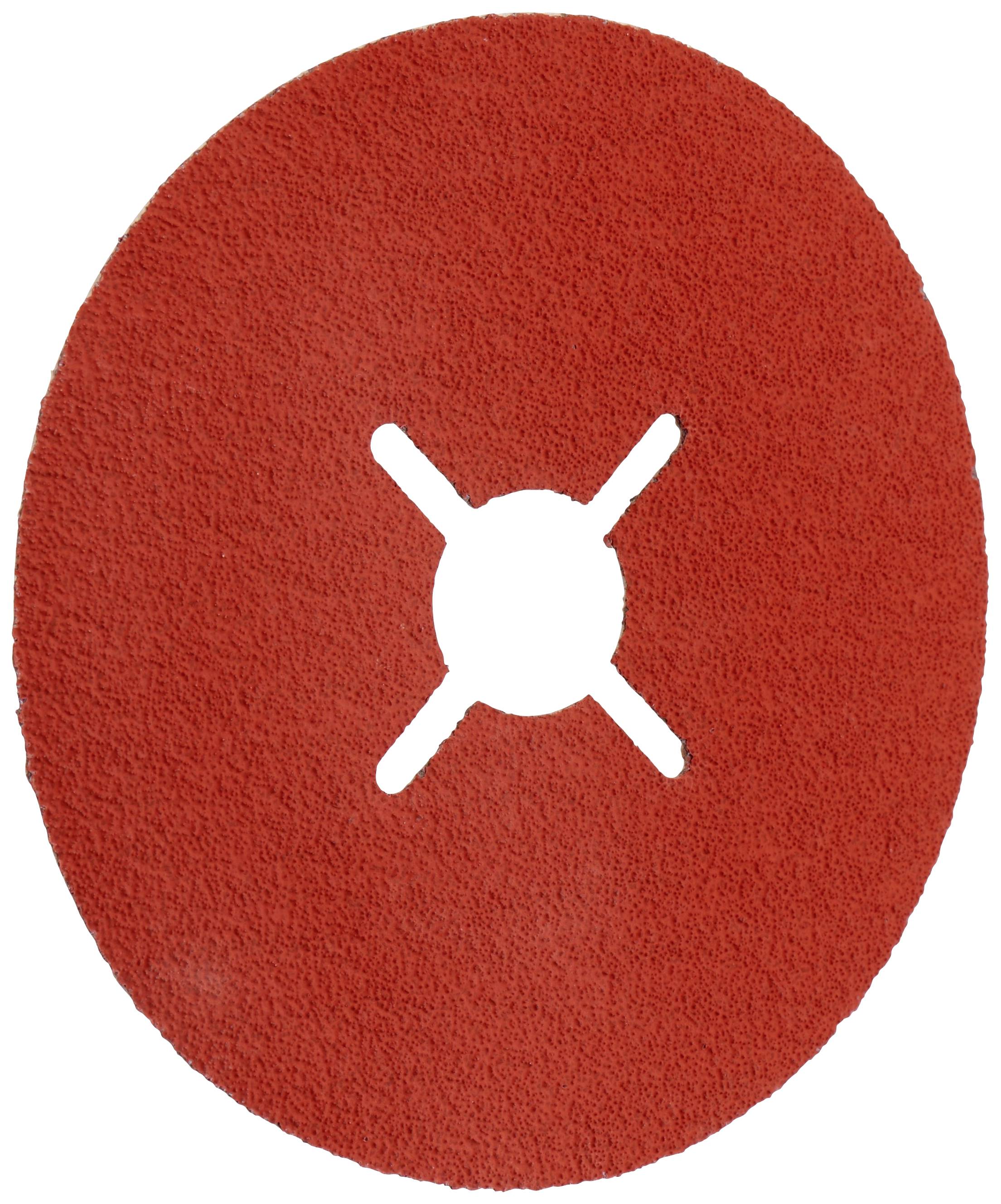 Red polishing pad for floor cleaning machines, oval with a round hole in the centre and cross-shaped cutouts.