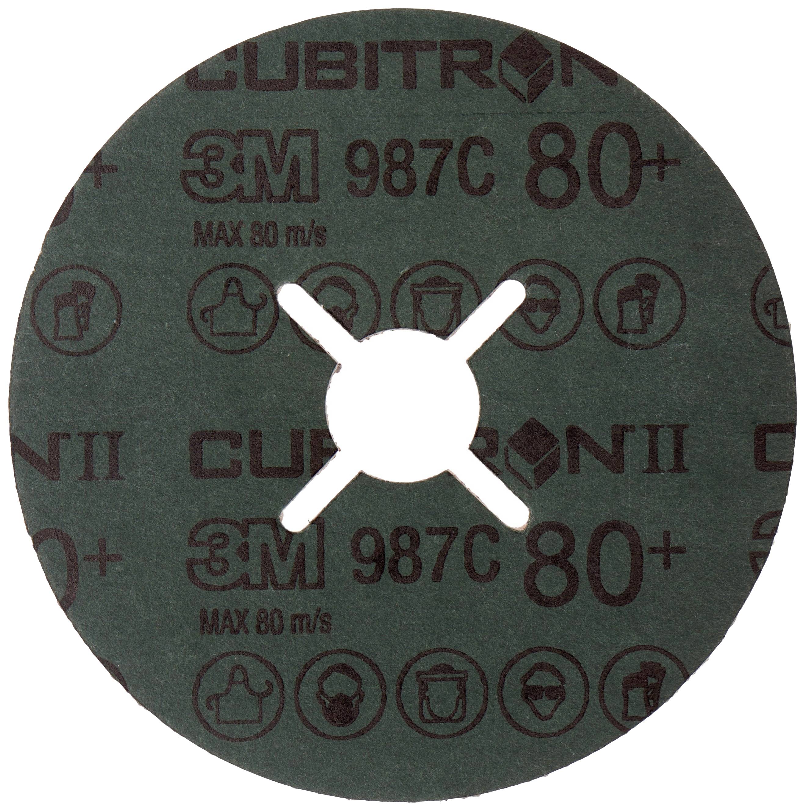 Green grinding disc with markings: 'CUBITRON II', '3M 987C', '80+', 'MAX 80 m/s', safety equipment symbols.