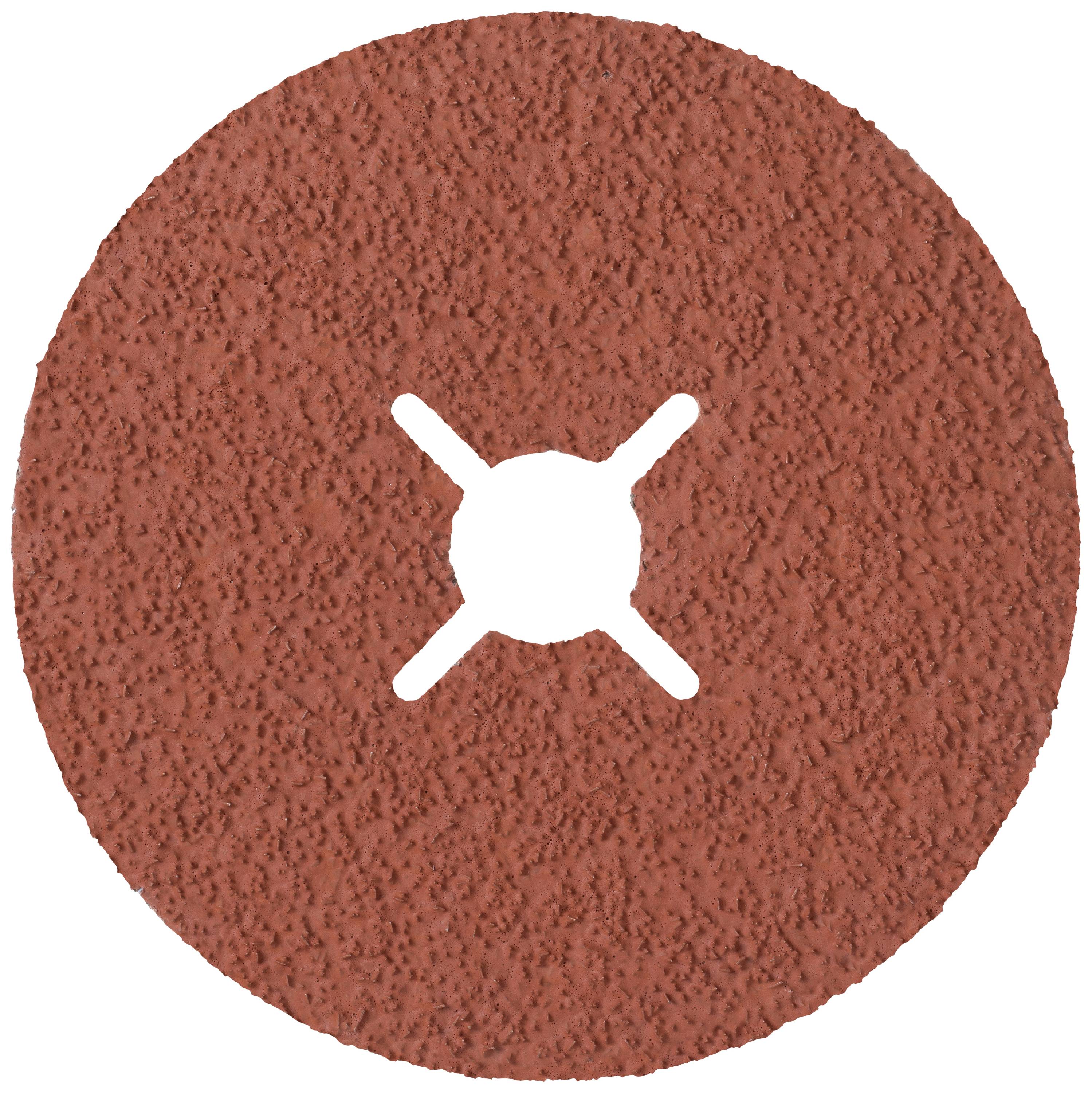 Red grinding wheel with concentric grooves and central mounting, used for metalworking or surface finishing.