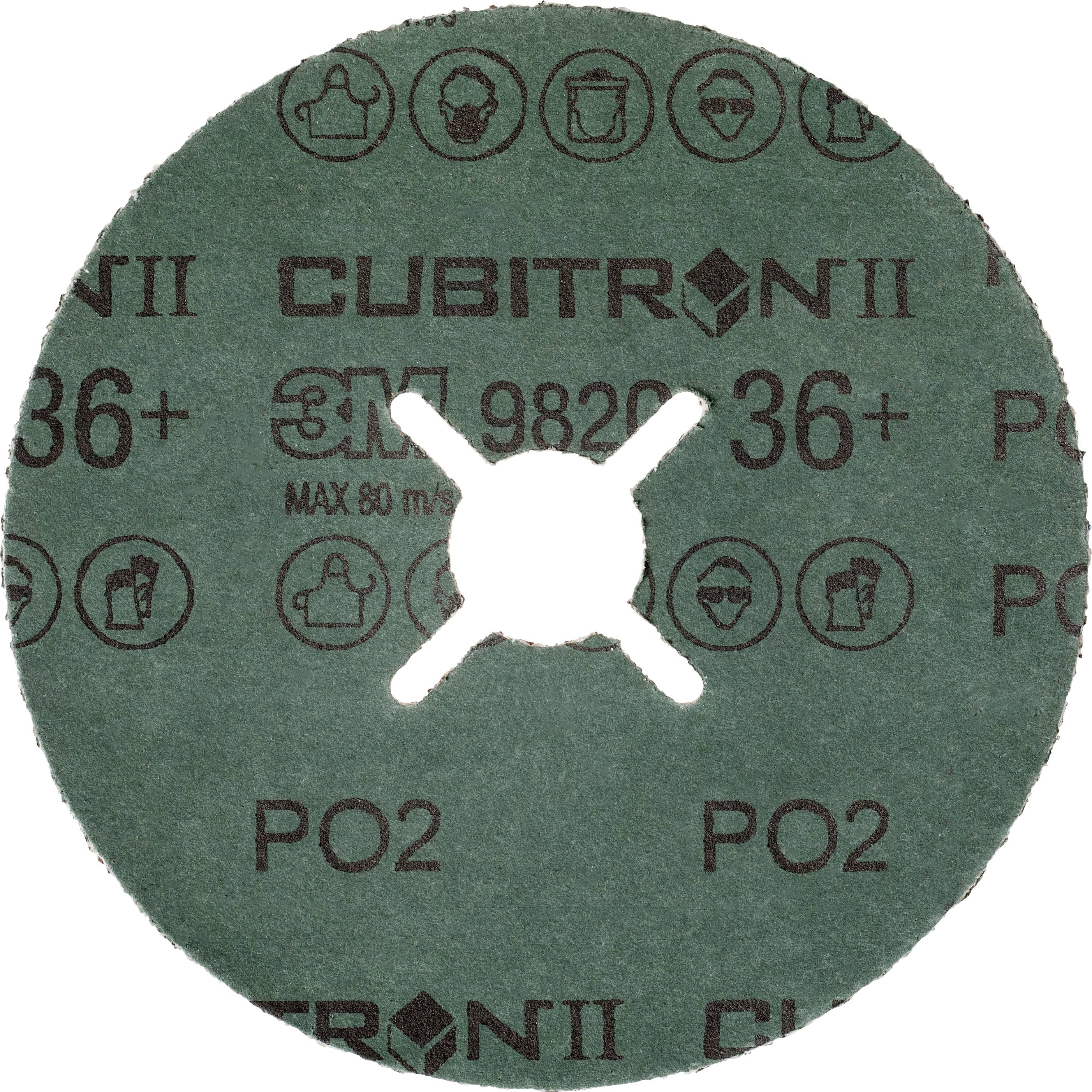 Sandpaper marked '3M CUBITRON II, 36+', maximum speed 80 m/s. Safety symbols are depicted.
