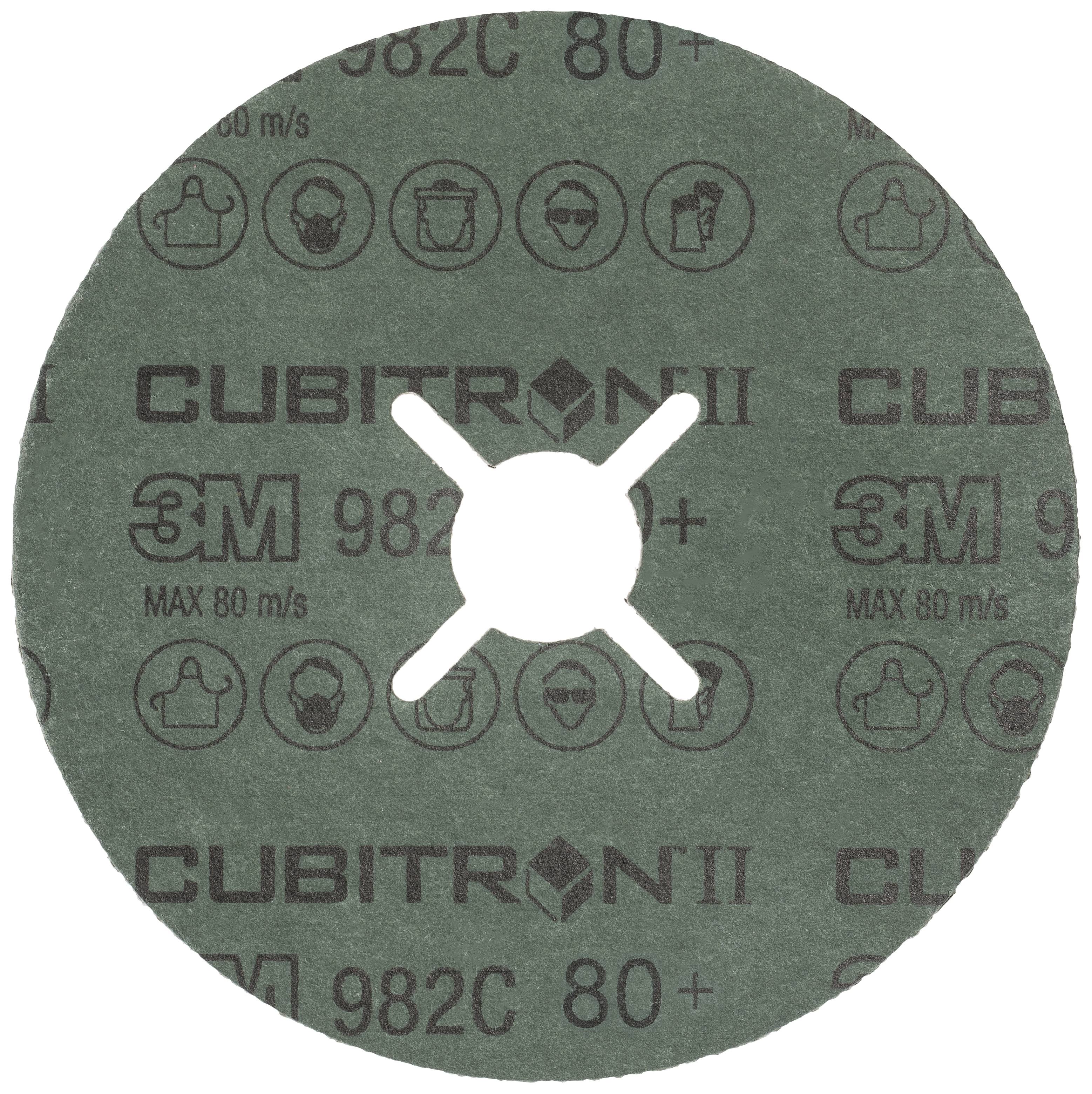 '3M Cubitron II' grinding disc with grey surface and central opening. Suitable for maximum 80 m/s.