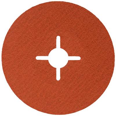 Red, round sanding disc with a central cross-head slot for mounting on a grinding machine. Suitable for metalworking.