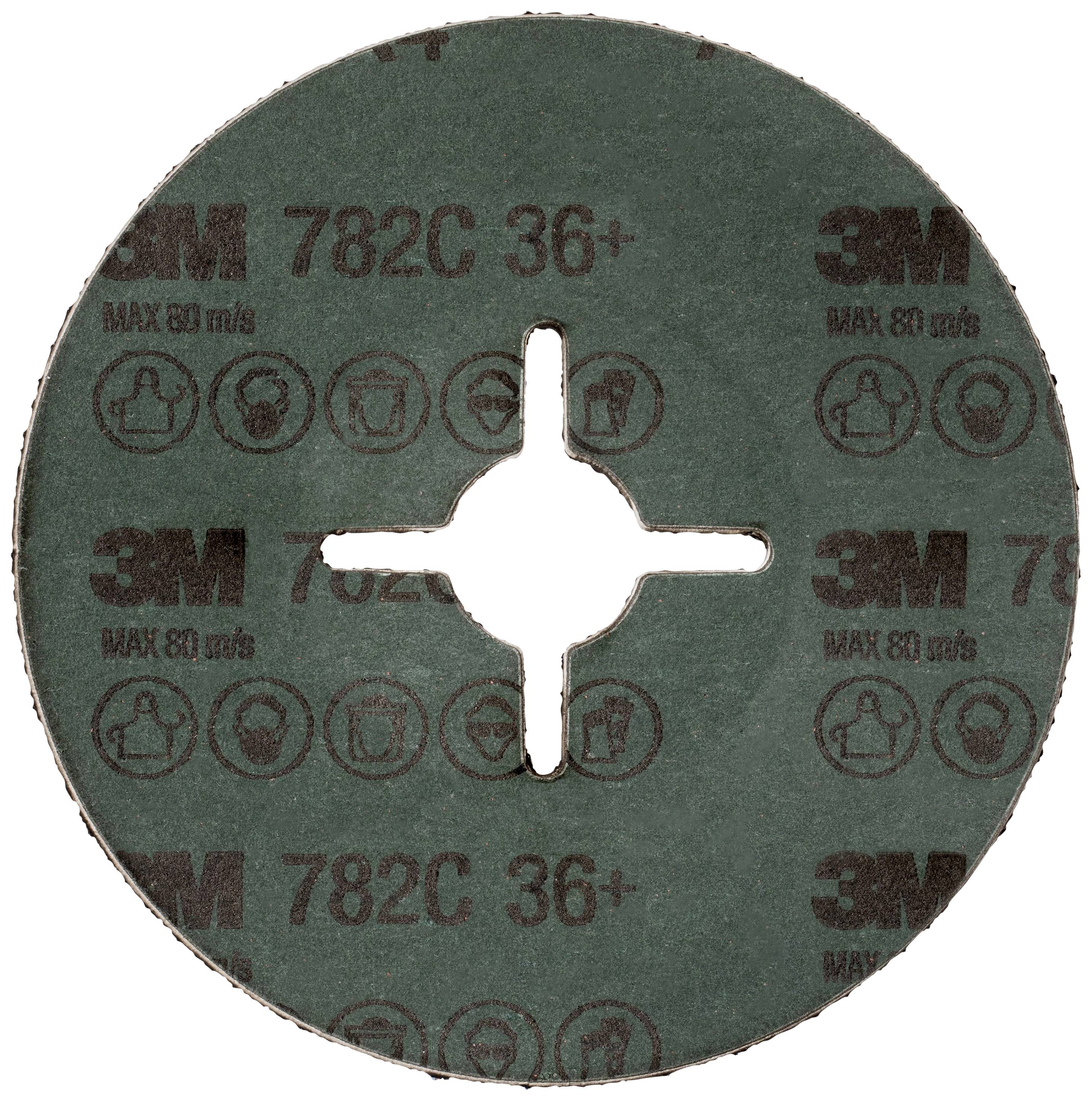 A grinding wheel with the marking '3M 782C 36+', suitable for a maximum speed of 80 m/s.