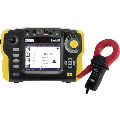 Multifunctional test meter with display shows measurement data such as current and resistance. Included clamp for measuring.
