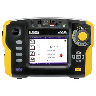 Handheld test meter with display showing measurement values, symbols and menus for electrical installation testing. Main value: 1647 A.