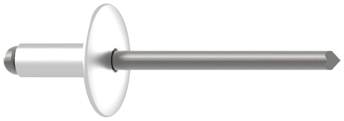 A silver blind rivet with a round head and long shaft, suitable for connecting thin material layers.