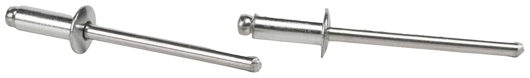 Two silver metal blind rivets lying side by side, displaying their characteristic shape with flange and stem.
