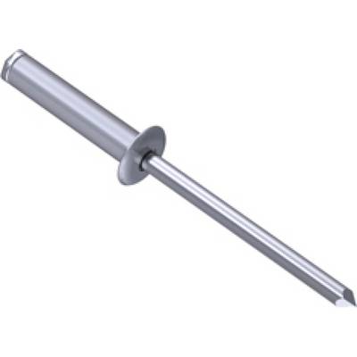 A silver blind rivet with a flat head and long shaft, shown in three-quarter view.