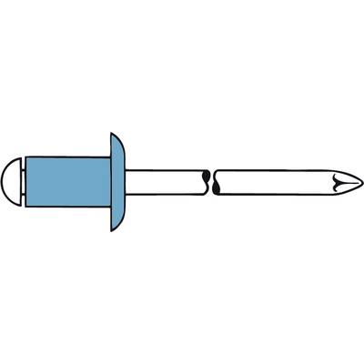 Illustration of a blind rivet: blue rivet housing on the left, pulled-out pin on the right.