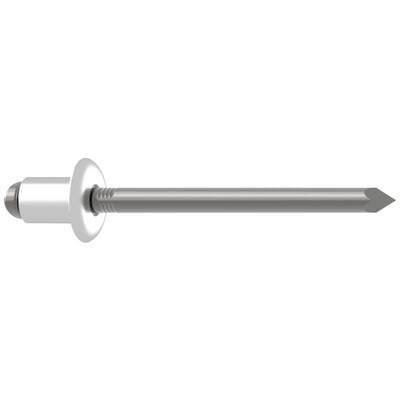 A metal blind rivet with a wide head and fluted shank. Used for secure connections in materials where there is no access to the reverse side.