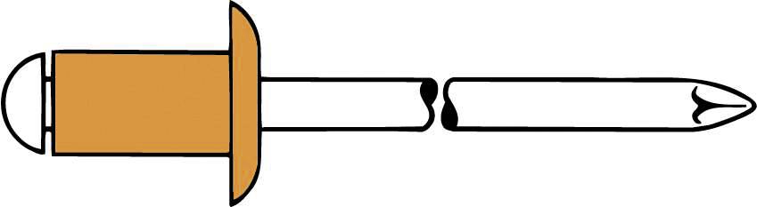 Illustration of a riveting tool with a broken rivet, wooden handle on the left, broken metal rivet on the right. Shows repair process.