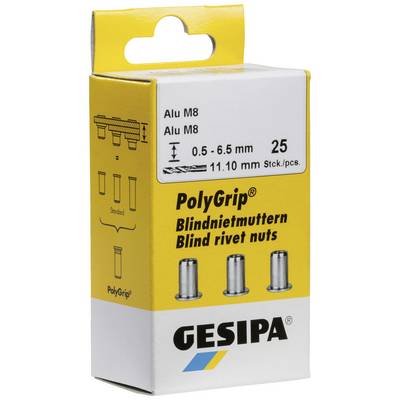 'Gesipa PolyGrip Rivnuts, Aluminium M8, for Sheets 0.5-6.5 mm, Pack of 25. Illustration of three rivnuts, Yellow/White Packaging.'